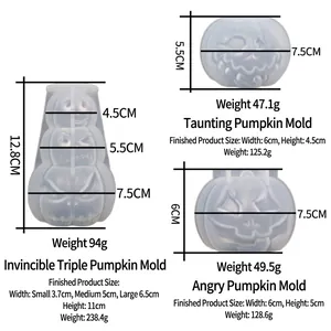 Silicone pumpkin molds for resin and candles showing product sizes and weights