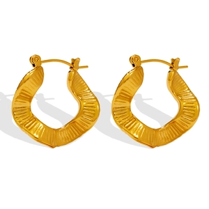 Polished gold wavy C-shape geometric hoop earrings for women with ridged texture finish