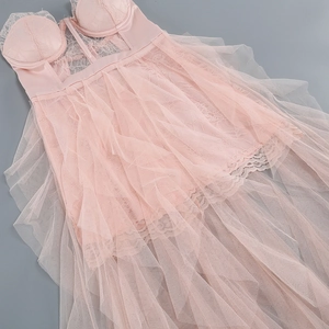 Pink lace corset dress with layered tulle skirt and supportive wired cups