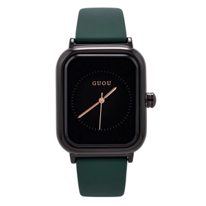 Minimalist square watch with black dial and dark green silicone strap for women