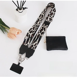 Detailed leopard print wide strap set with black leather zipper pouch and silver buckle