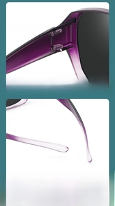 Detail of purple gradient fit-over sunglasses showing deep slot and curved temples