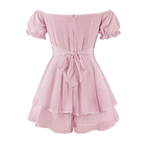 Rosa schulterfreier Jumpsuit mit stilvoller Rückenschleife und gerüschtem Lagen-Design