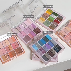 Detailed close-up of DIKALU 18-color eyeshadow palettes with matte and glitter finishes