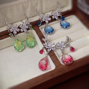 Vintage Flower Leaf Water Drop Earrings Copper Zircon With 925 Sterling Silver Earring Post Elegant For Women