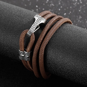 Multi-layer brown leather wrap bracelet with engraved vintage silver magnetic clasp