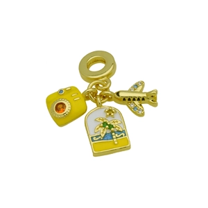 Detailed travel charms featuring a golden camera, airplane, and suitcase for bracelets