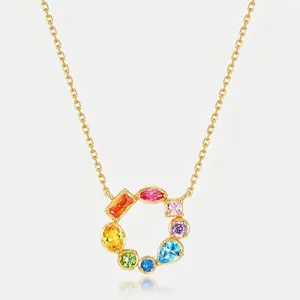 Luxury Rainbow Zircon Round Pendant Necklace 925 Sterling Silver 10K Gold Plated Colorful Jewelry For Women Elegant Gift