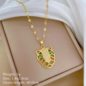 Titanium steel leopard necklace with green eyes and crystal details, weight 5g size 1.8x2.8cm