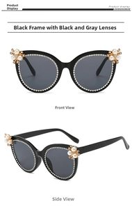 Detail of cat-eye sunglasses featuring elegant pearl and rhinestone accents on black frames