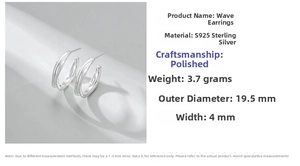 Close-up of S925 sterling silver wavy hoop earrings showing 19.5mm diameter and 4mm width