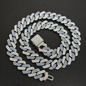 14mm blue and pink crystal encrusted Cuban link chain necklace with iced out box clasp