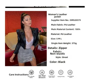 Detail of black PU leather jacket with puff sleeves and full zipper closure specifications