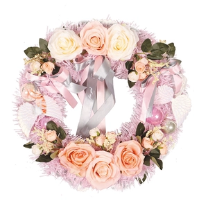 Romantic pink rose wreath with angel wings and for you ribbon for wedding door decoration