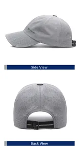 Detail view of grey breathable mesh baseball cap with adjustable back buckle and side logo