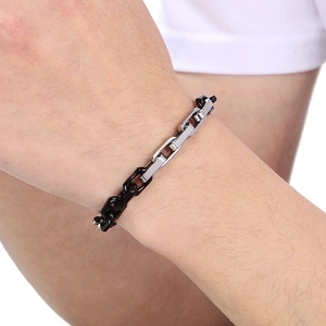 Industrial punk style two-tone black and silver stainless steel chain bracelet for men