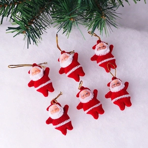Set of 6 red flocked Santa Claus ornaments with gold strings for Christmas tree decoration