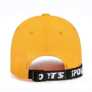 Bright yellow baseball cap with SPORTS lettered strap decoration and adjustable back buckle