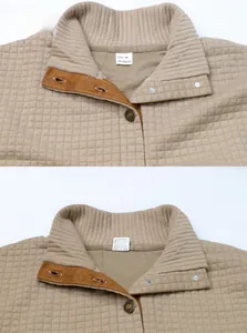 Detail view of khaki quilted jacket showing corduroy collar and branded metal buttons