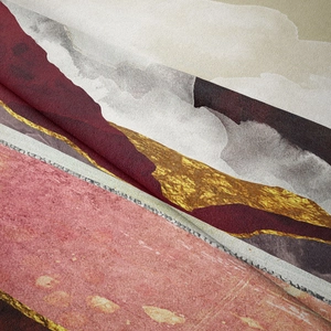 Macro detail of abstract mountain tapestry with golden lines and soft velvet texture