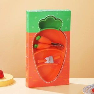 Carrot-shaped silicone dinner plate set for babies with spoon, fork and straw details