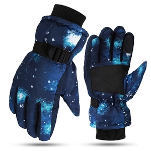 Waterproof touchscreen ski gloves with blue starry pattern and non-slip palm grip