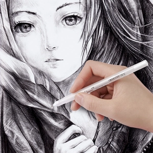 White highlighting pen for art drawing shown sketching highlights on a charcoal portrait