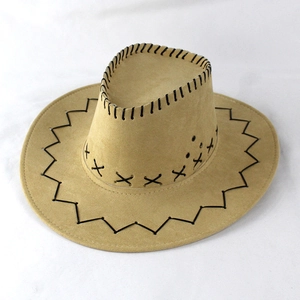 Detail of western cowboy hat showing khaki suede texture and black stitching accents