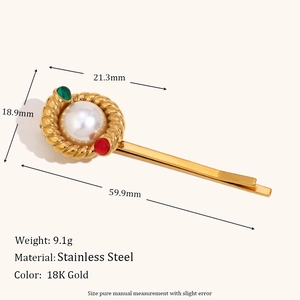 Barrette en acier inoxydable plaqué or 18 carats avec design torsadé et perles
