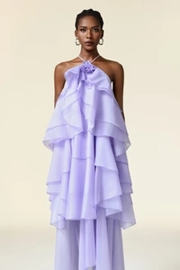 Detail of light purple halter neck tiered ruffle organza vacation dress for women