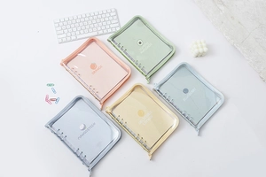 Flat lay of colorful A5 A6 transparent PVC ring binders with fruit patterns on white desk