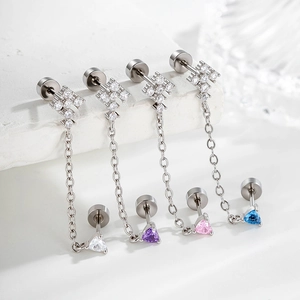 Silver chain cross earrings with heart zircon in white, purple, pink, and blue