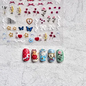 Nail Art Stickers 5D Embossed Self-Adhesive Vintage Bear Gothic Letters Floral Bow Retro Manicure Decals For Women