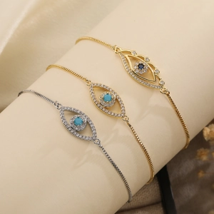 Evil Eye Bracelet Copper Cubic Zirconia Gold Plated Adjustable Slider Clasp Box Chain Fashion Jewelry For Women