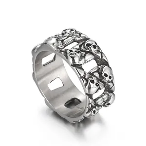 Men Skull Ring Vintage Punk Gothic Titanium Steel Hollow Band Jewelry Retro Skeleton Head For Men