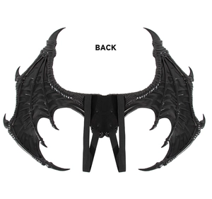 Detailed back view of black dragon wings with textured scales and elastic shoulder straps