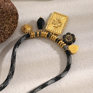 Retro 18K gold plated braided rope necklace with floral square pendant and sun charm