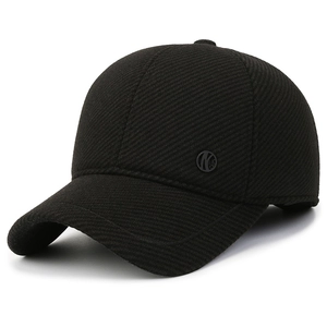 Black wool baseball cap for men with warm ear protection and textured twill fabric