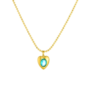Minimalist gold ball chain necklace with heart pendant and blue oval gemstone inlay