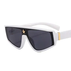 White oversized shield sunglasses with dark lenses and gold star emblem for outdoors