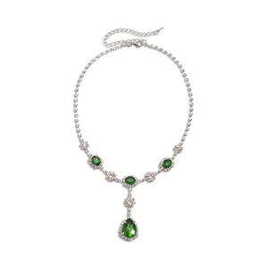 Elegant silver necklace with green oval and teardrop gems with sparkling crystal stones
