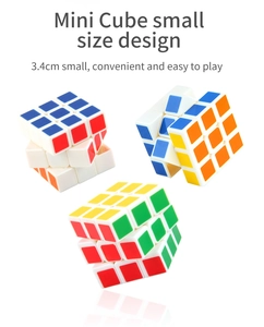Three-angle view of 3.4cm mini 3x3 educational cube toy with white base and classic stickers