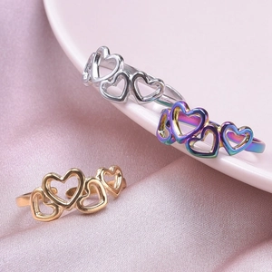 Minimalist stainless steel open heart ring in silver, gold and iridescent finishes