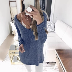 Women's blue V-neck long sleeve knit sweater with textured marl finish in causal style
