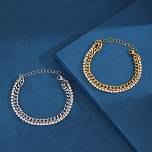 Double-layered gold and silver stainless steel bracelet with rhinestones and cuban chain