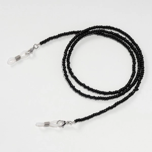 Detail of black beaded glasses chain with silver lobster clasps and silicone anti-slip loops