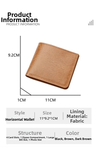 Brown leather bifold wallet dimensions 11x9.2x1cm with card slots and bill compartment