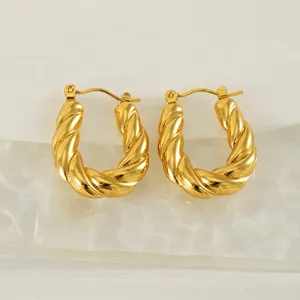 Stainless Steel U-Shaped Hoop Earrings Gold Plated Twisted Spiral Pattern Retro INS Style French Elegant For Women