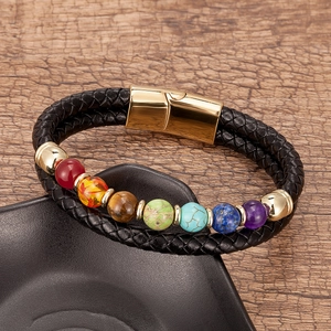 Black braided leather Seven Chakras bracelet with colorful beads and gold magnetic clasp