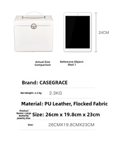 Detailed size view of a large white PU leather jewelry box with dimensions and weight